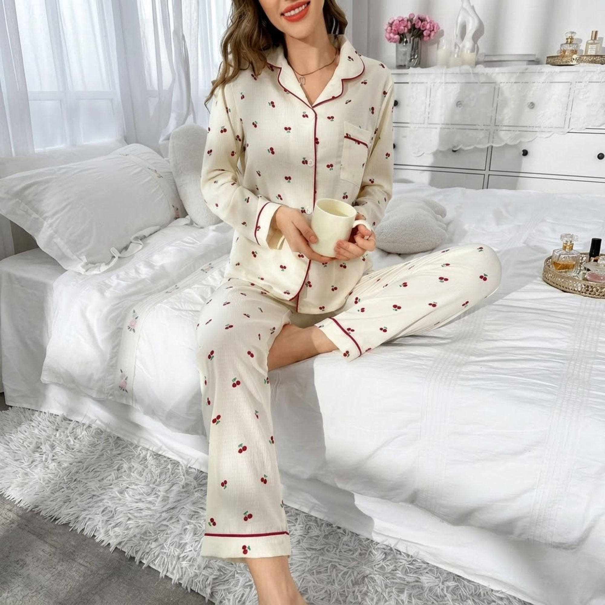 Long Sleeve Printed Pajama Set With Button Details And Lapel Pocket For Women