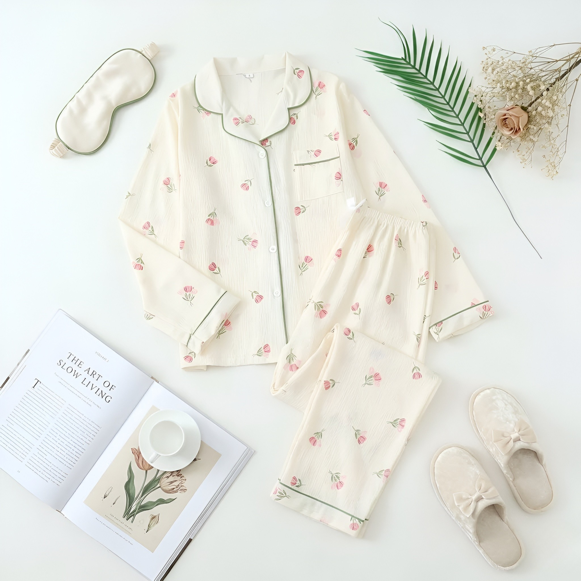 Long Sleeve Printed Pajama Set With Button Details And Lapel Pocket For Women