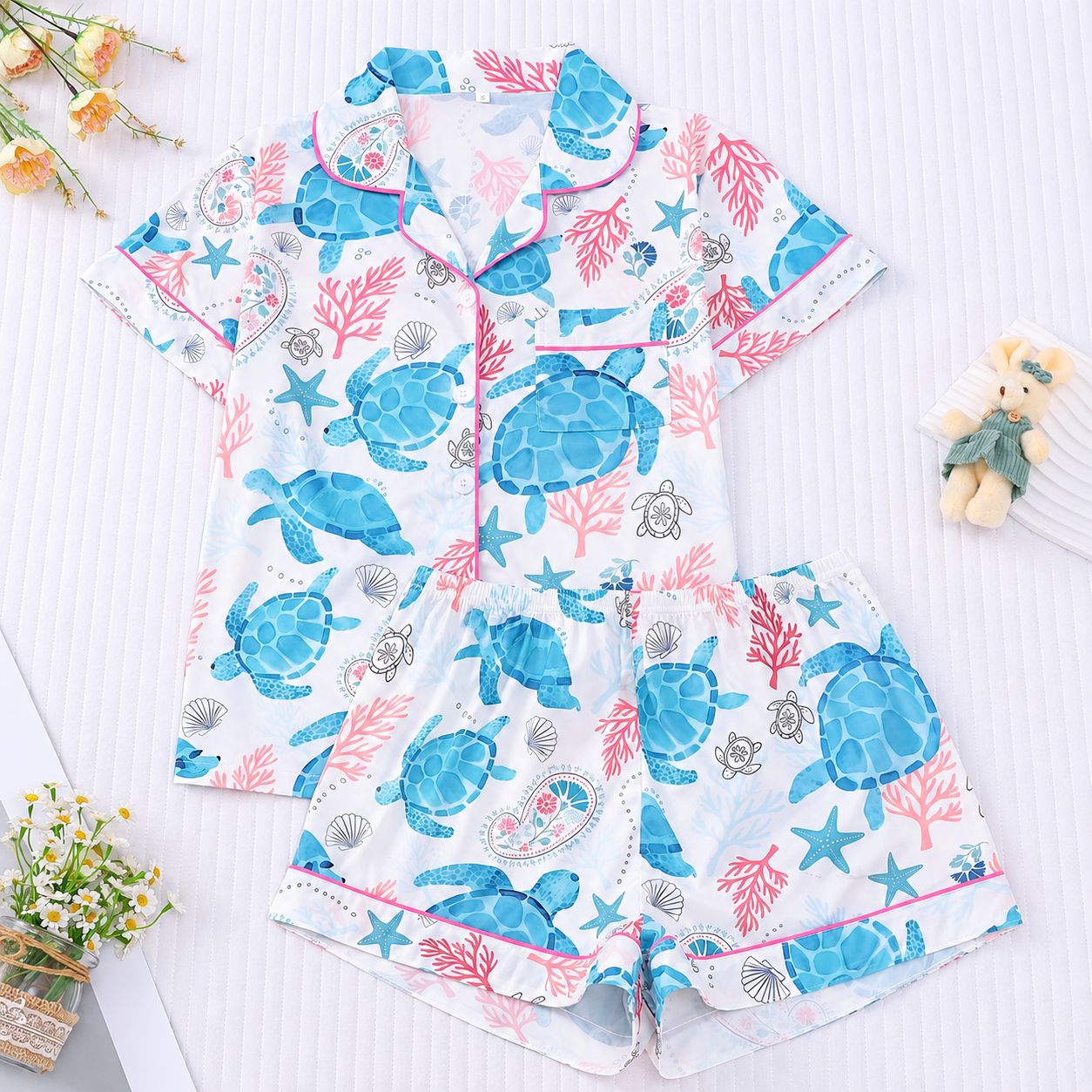 2 Pieces Turtle Print Pajama Shorts Set For Women