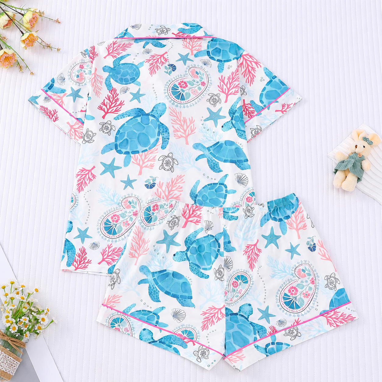 2 Pieces Turtle Print Pajama Shorts Set For Women
