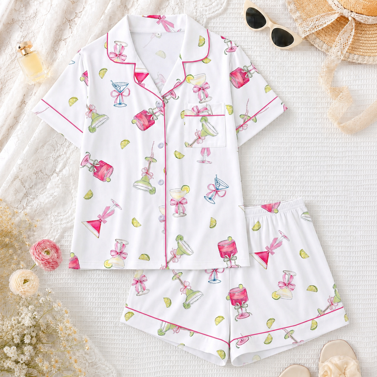 Casual Printed Button Front Short Sleeve Top And Shorts Pajama Set For Women