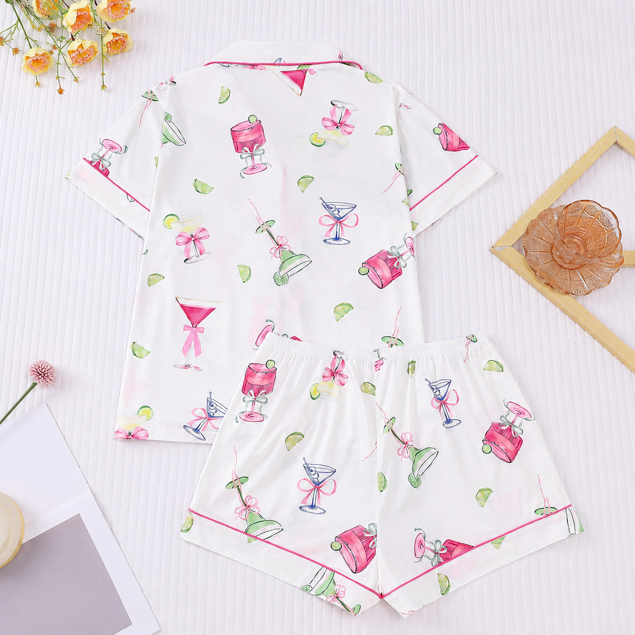 Casual Printed Button Front Short Sleeve Top And Shorts Pajama Set For Women