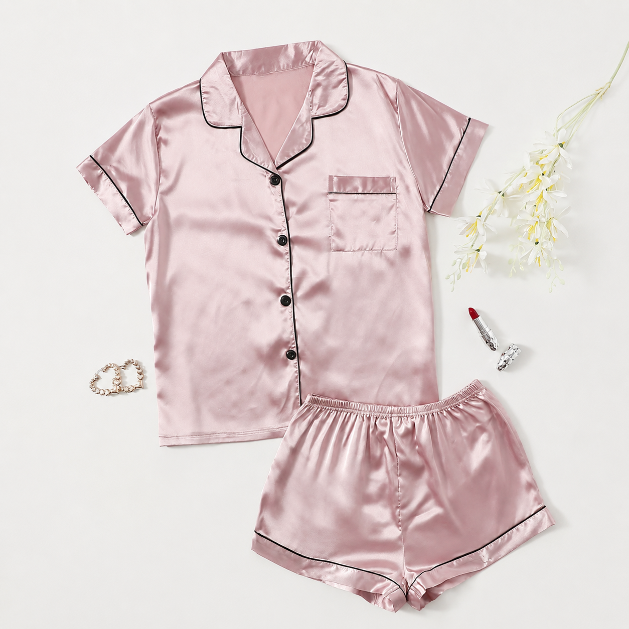2 Piece Of Short Sleeve Button Front Turn Down Collar Pajama Set With Shorts For Women