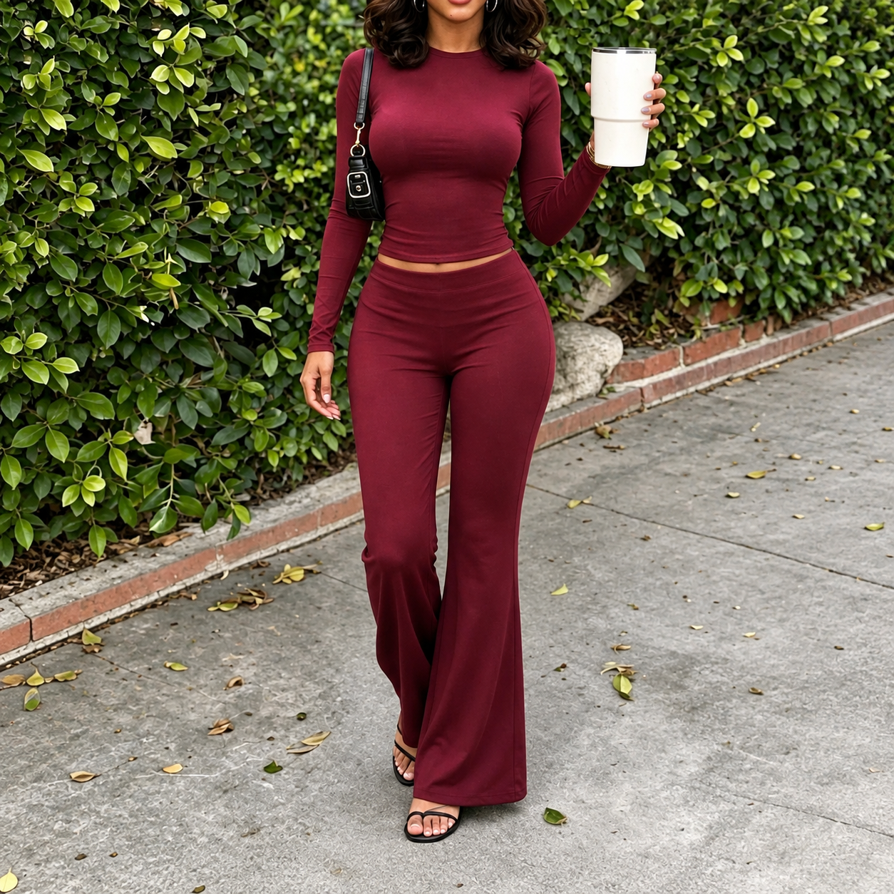 Cropped Long Sleeve Top and Flare Pants 2 Piece Casual Set for Women