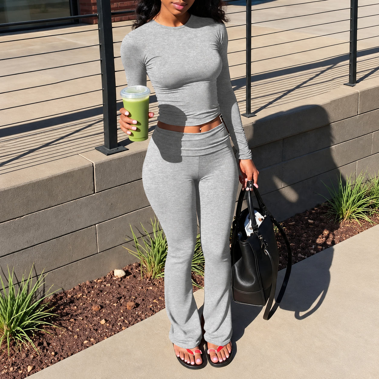 Cropped Long Sleeve Top and Flare Pants 2 Piece Casual Set for Women