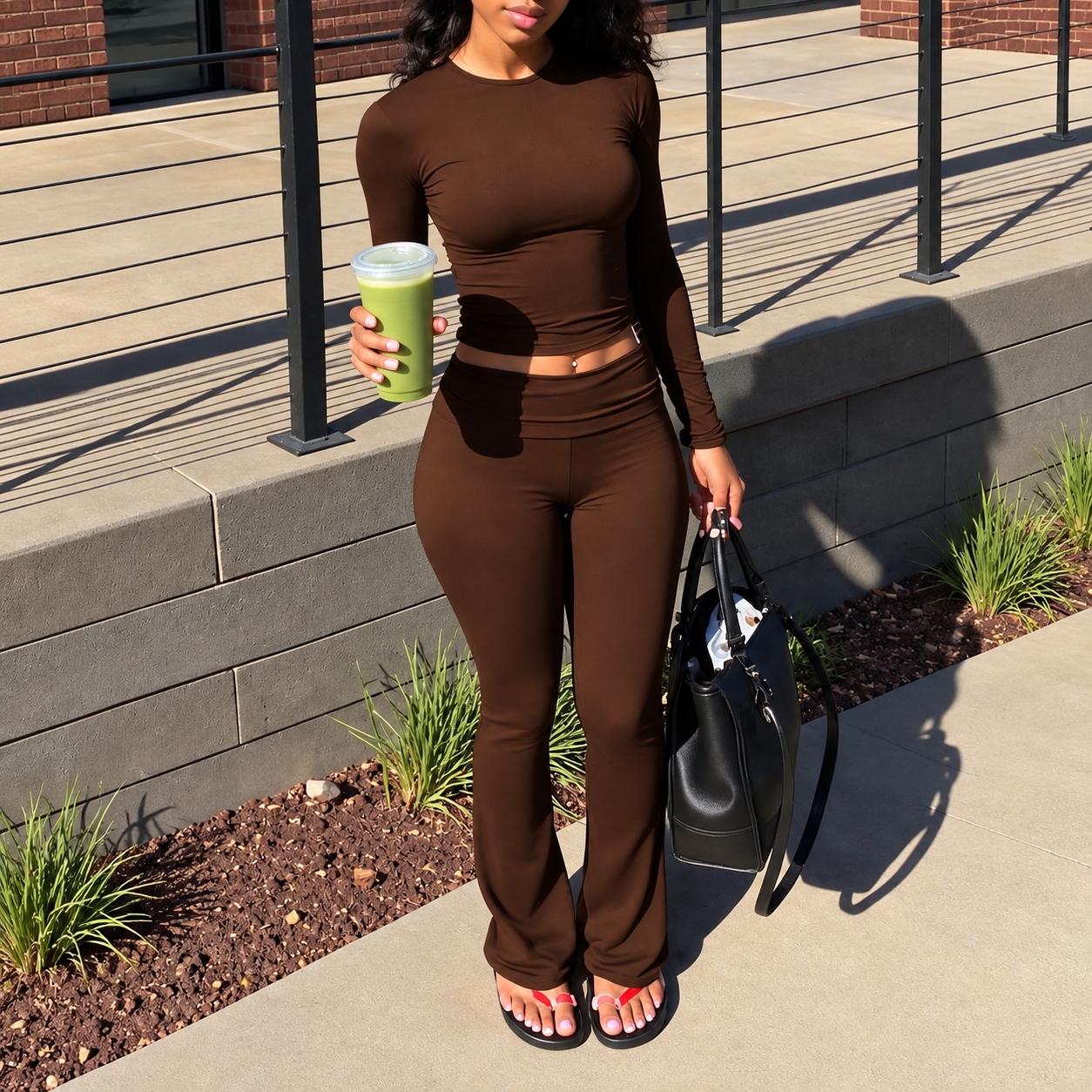 Cropped Long Sleeve Top and Flare Pants 2 Piece Casual Set for Women