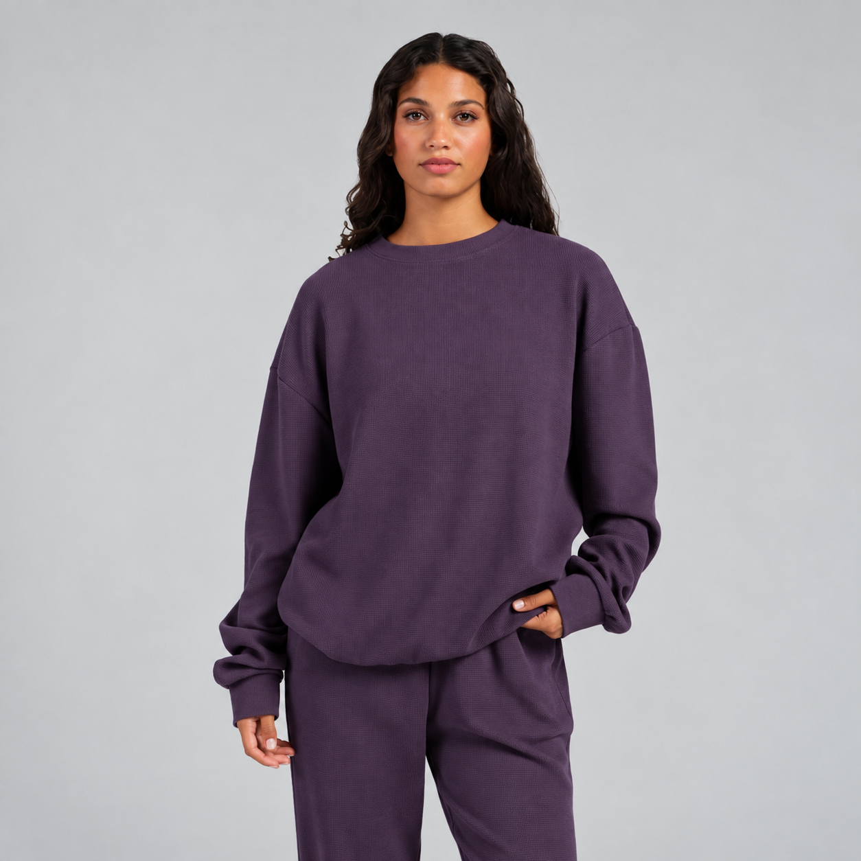 Casual Waffle Knit Pullover For Homewear For Women