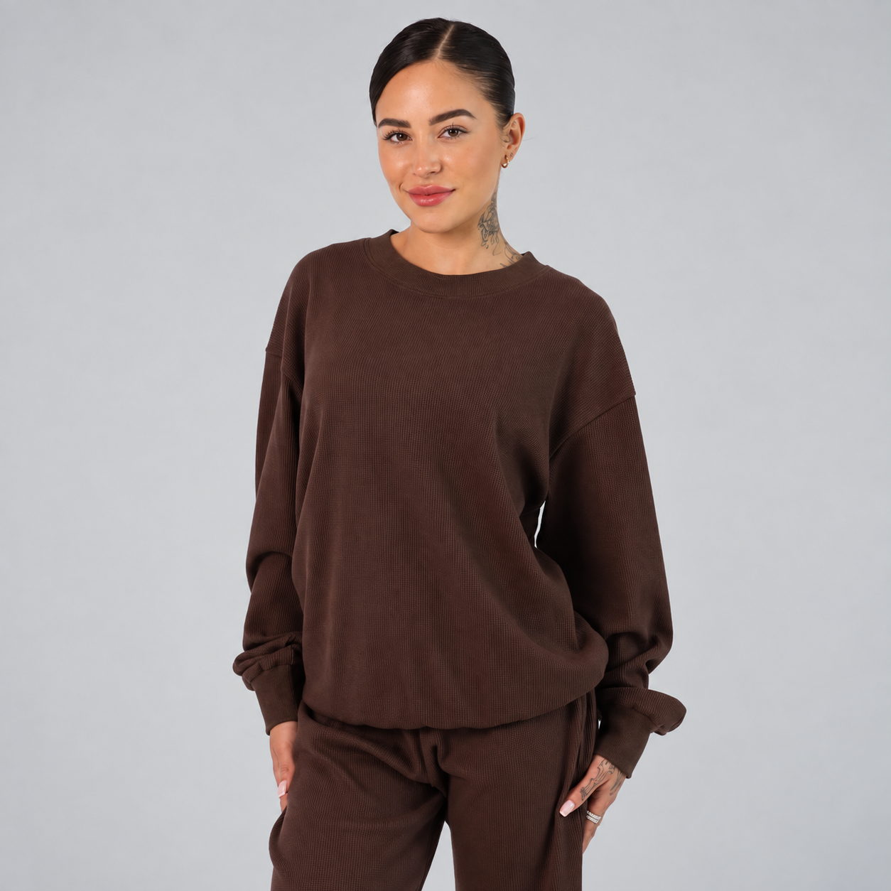 Casual Waffle Knit Pullover For Homewear For Women