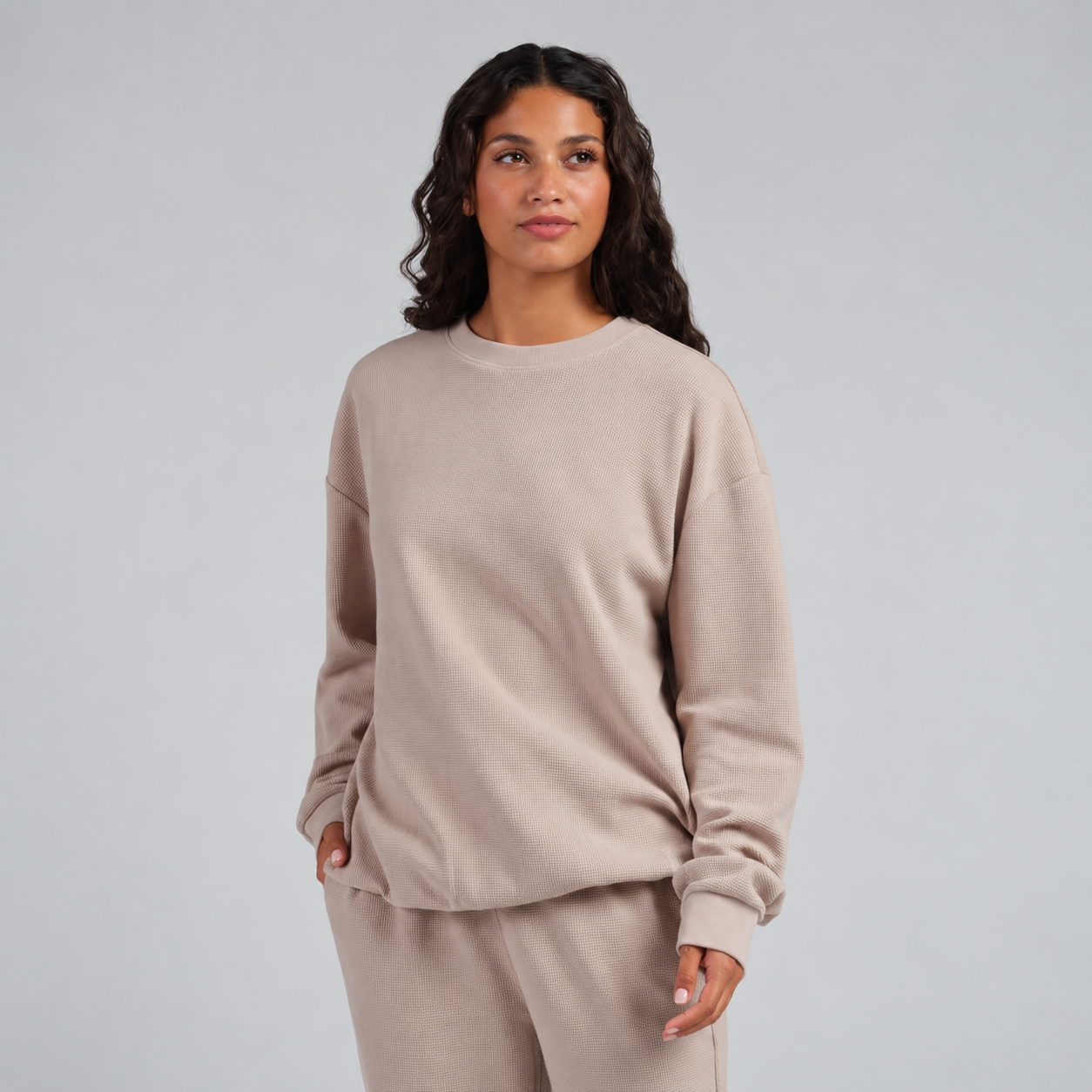 Casual Waffle Knit Pullover For Homewear For Women