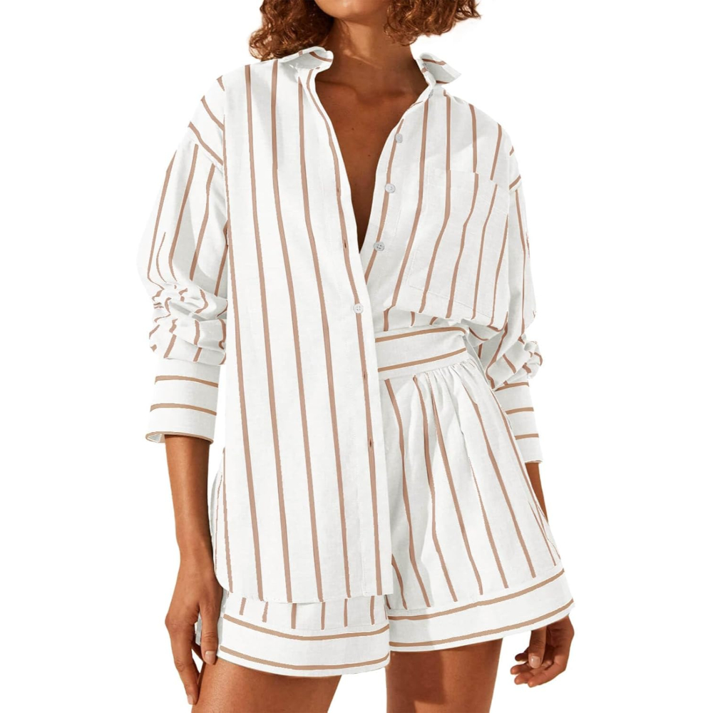 Striped Sleeve Down Collared Shirt Sets For Women