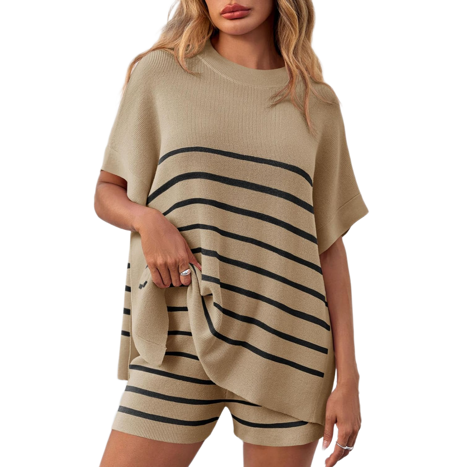 Striped Knit Batwing Short Sleeve Tops And Shorts Set For Women