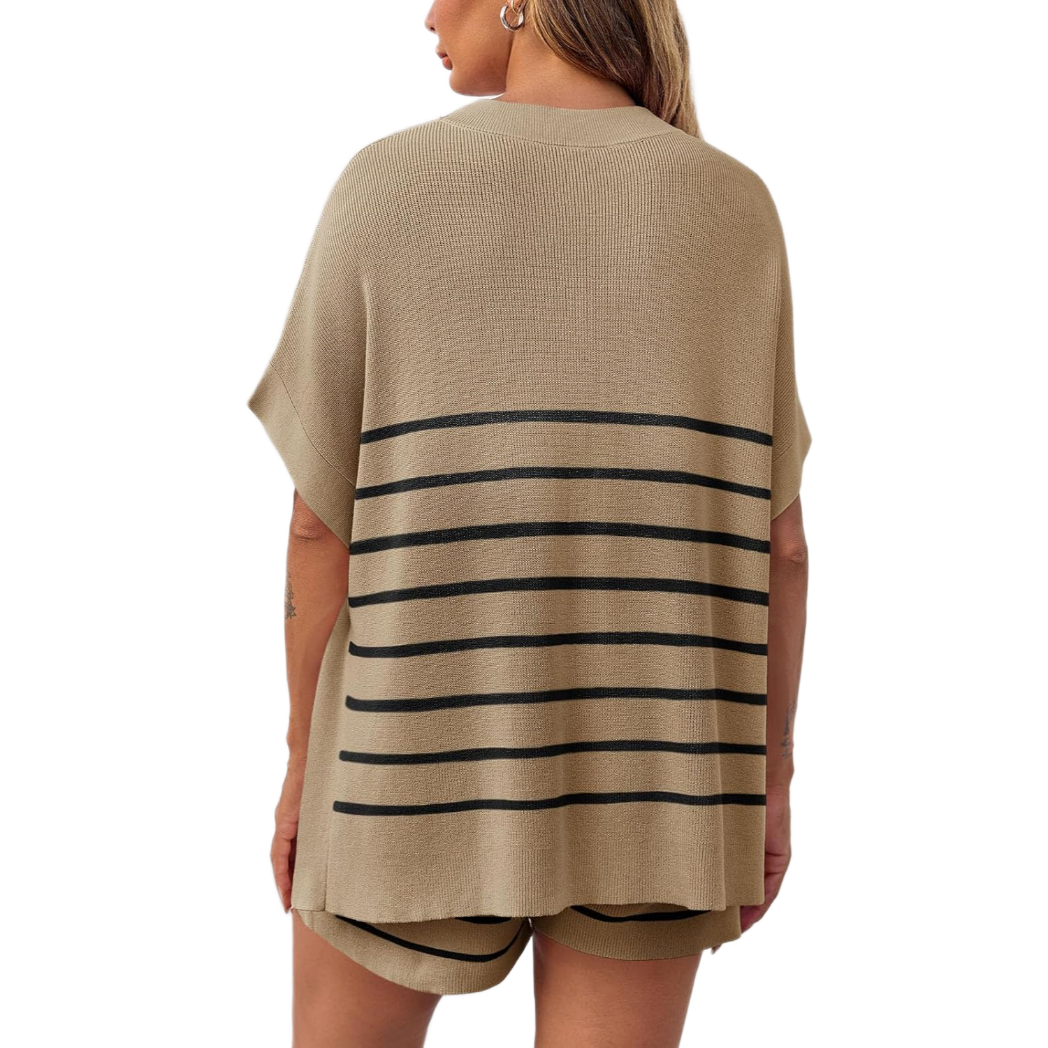 Striped Knit Batwing Short Sleeve Tops And Shorts Set For Women