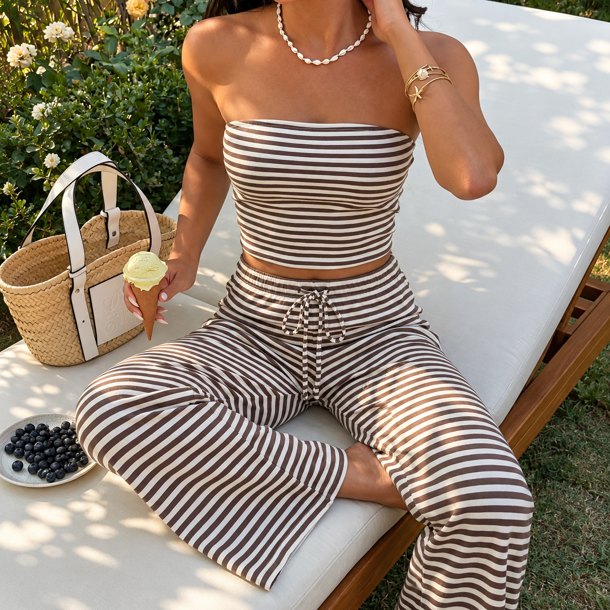 Halloween Striped Tube Top and Drawstring Pants 2 Piece Casual Set for Women