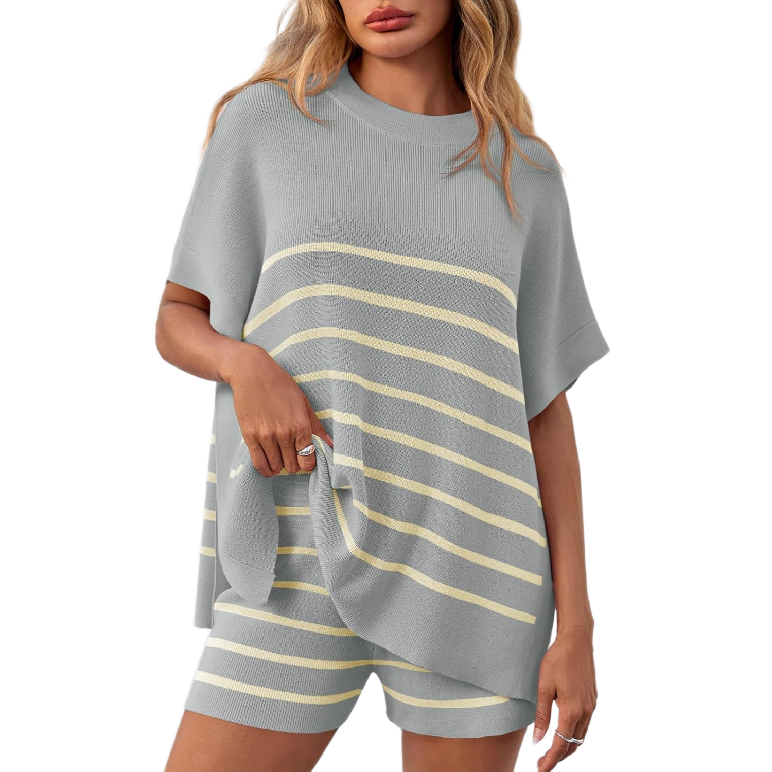 Striped Knit Batwing Short Sleeve Tops And Shorts Set For Women