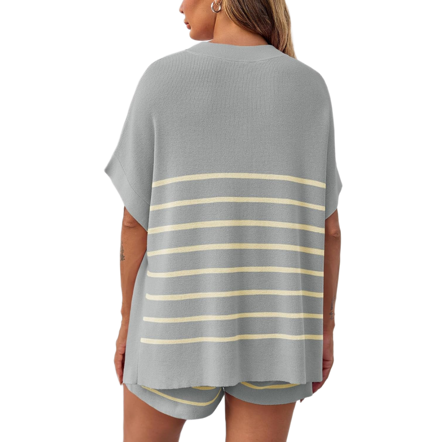Striped Knit Batwing Short Sleeve Tops And Shorts Set For Women