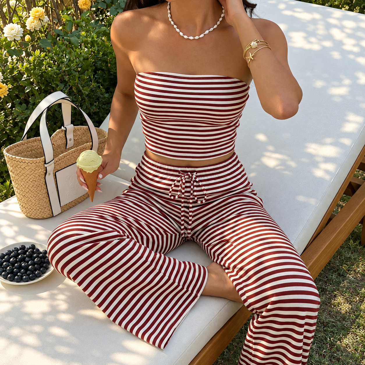 Halloween Striped Tube Top and Drawstring Pants 2 Piece Casual Set for Women