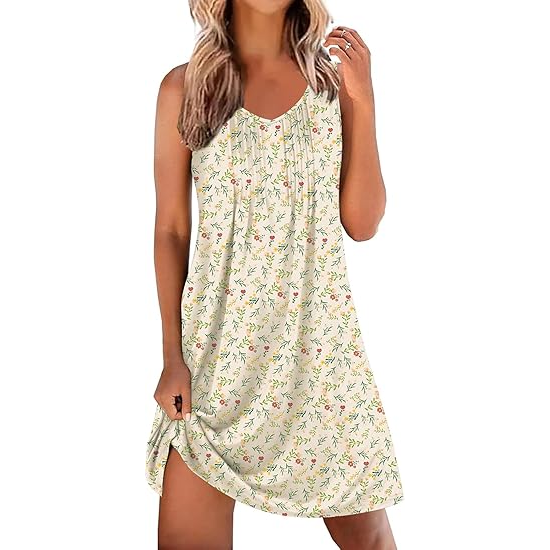 Women’s Sleeveless V Neck Soft Pleated Chemise Nightgown