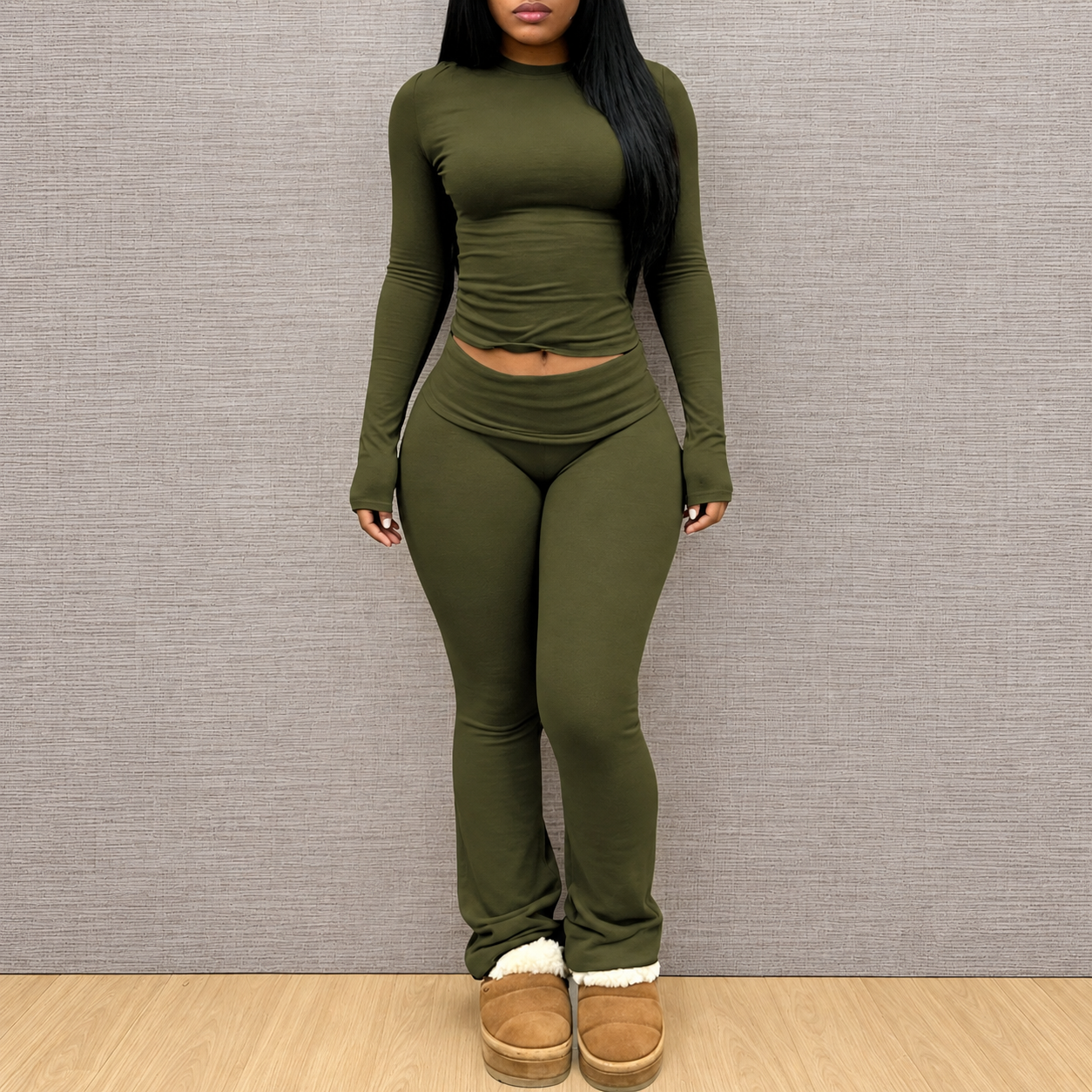 Striped Long Sleeve T Shirt and Flared Pants 2 Piece Casual Set for Women