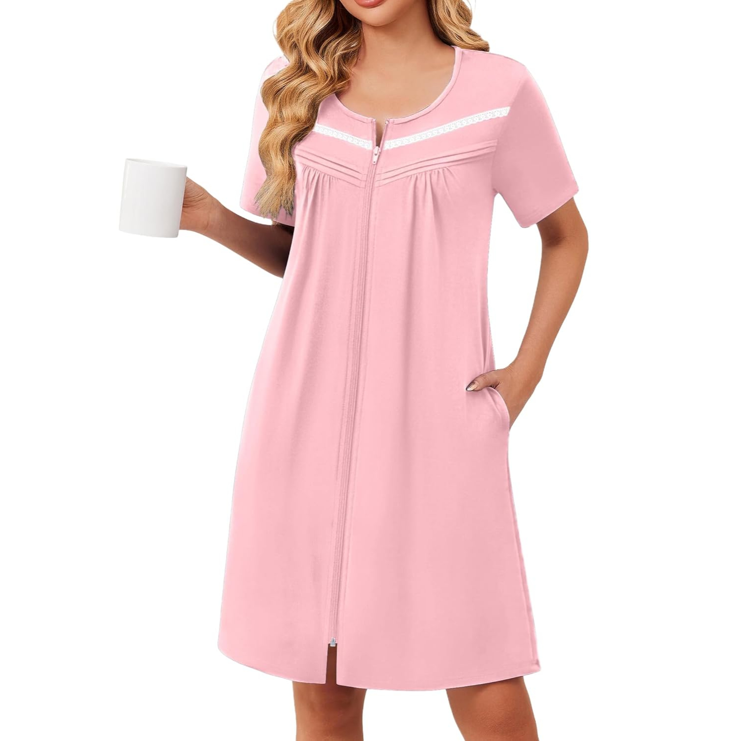 Lightweight Short Sleeve Zipper Robes with Pockets For Women