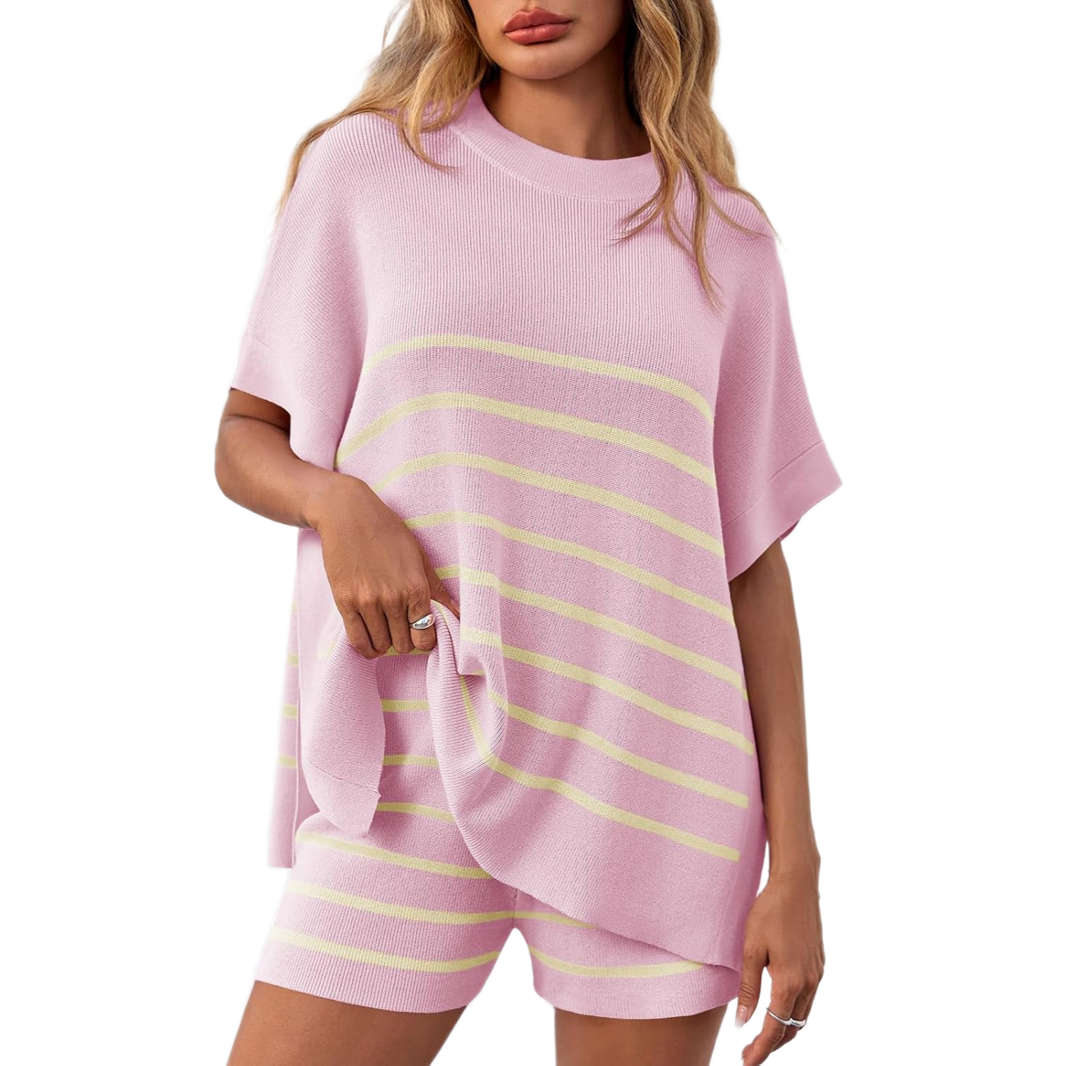 Striped Knit Batwing Short Sleeve Tops And Shorts Set For Women