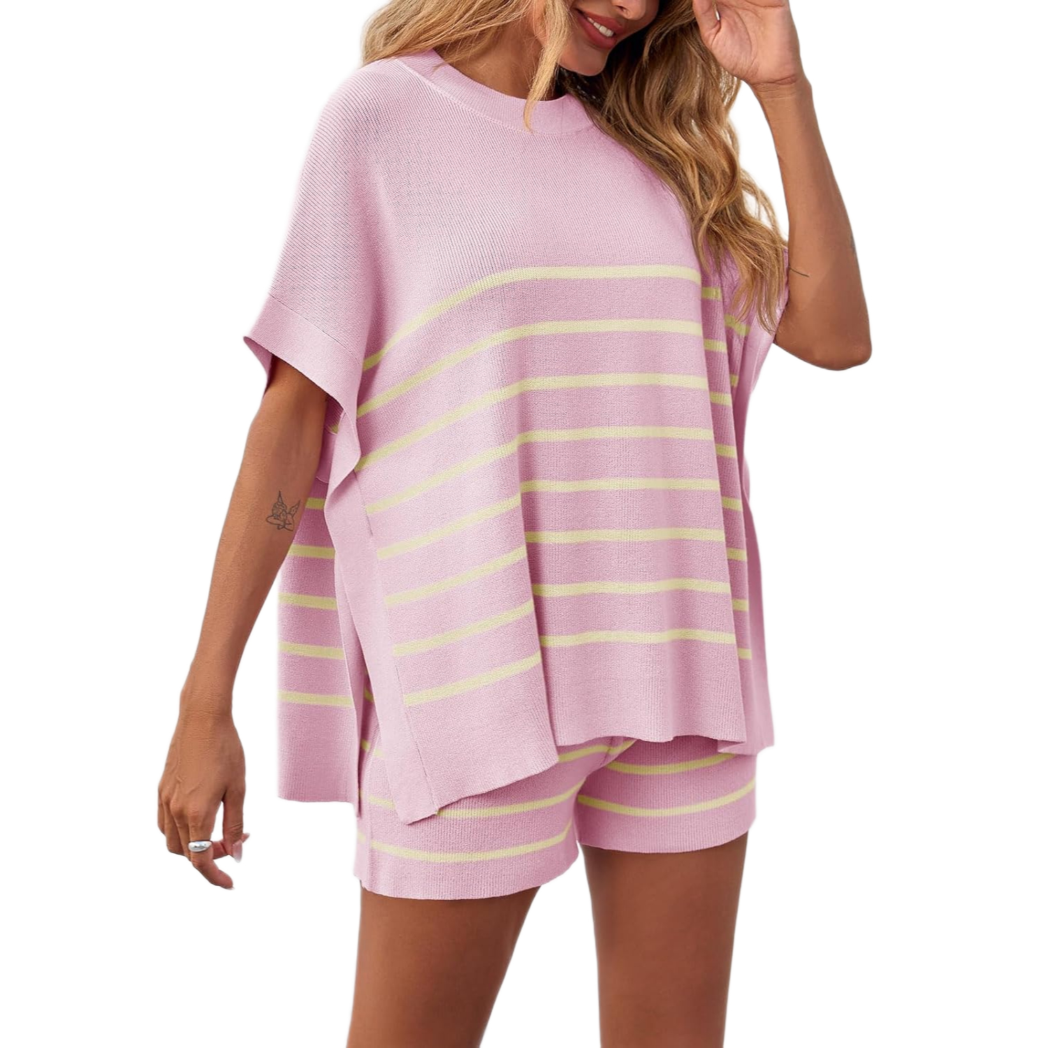 Striped Knit Batwing Short Sleeve Tops And Shorts Set For Women