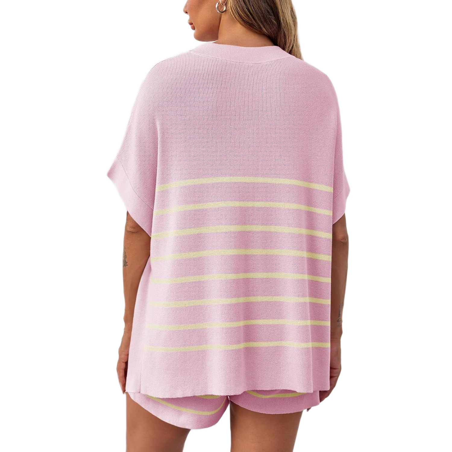 Striped Knit Batwing Short Sleeve Tops And Shorts Set For Women