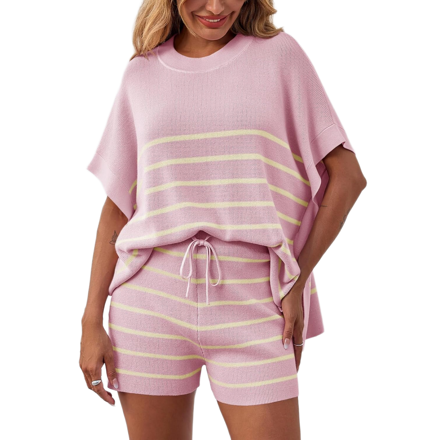 Striped Knit Batwing Short Sleeve Tops And Shorts Set For Women