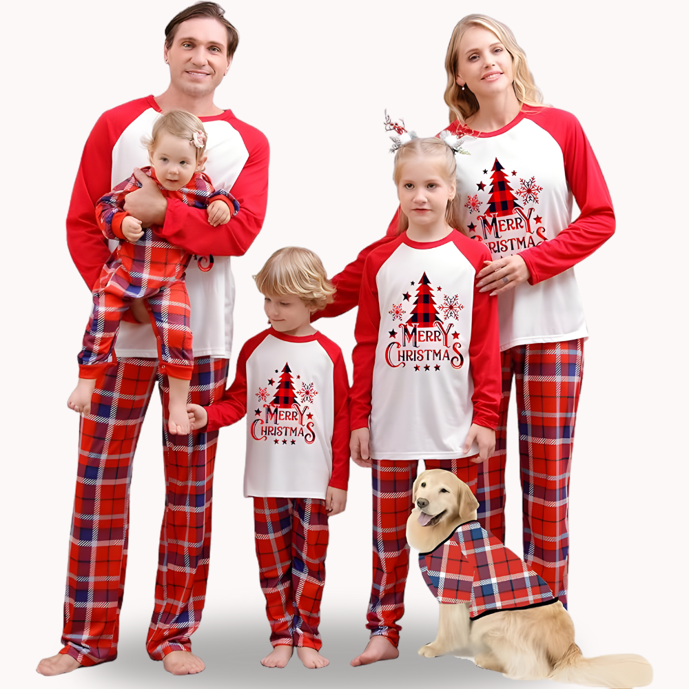 Christmas Tree Merry Christmas Printed Family Matching Plaid Pajama Set