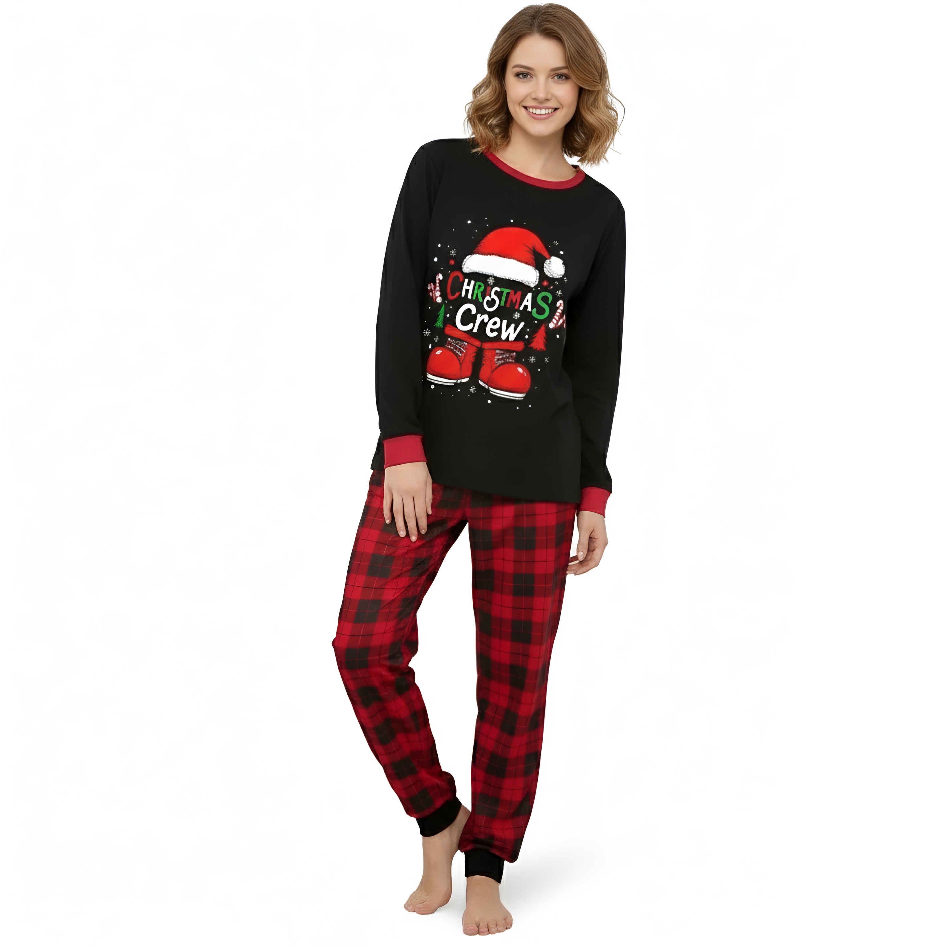 Plaid Santa Hat Christmas Crew Printed Family Matching Pajama Set