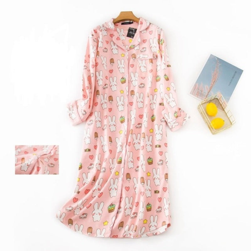Nightgown Pajamas Women Cotton Long Nightdress Plaid Cartoon With Pocketed