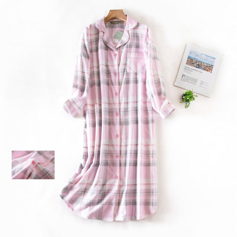 Nightgown Pajamas Women Cotton Long Nightdress Plaid Cartoon With Pocketed