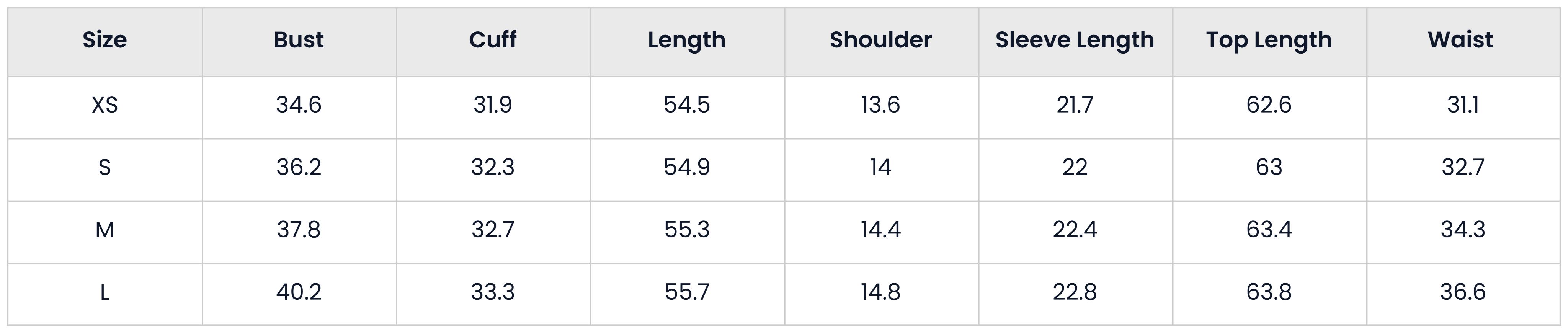 Size Chart for Soft Comfortable Mesh Sleeve Sleepwear For Women