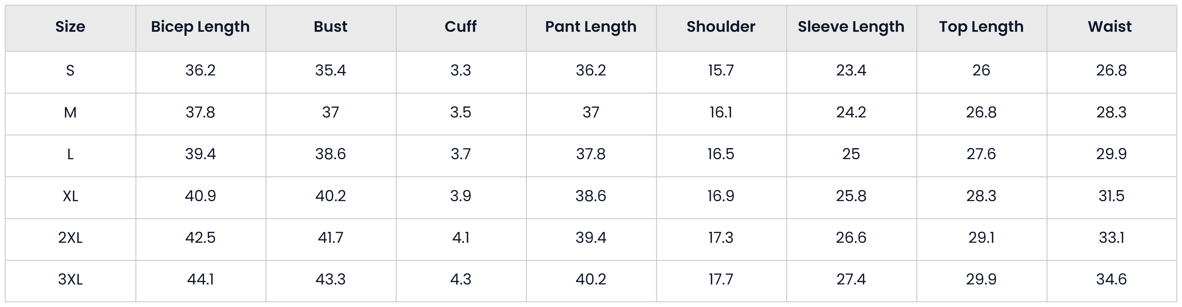 Size Chart for 6 Pieces Thermal Underwear Set For Men
