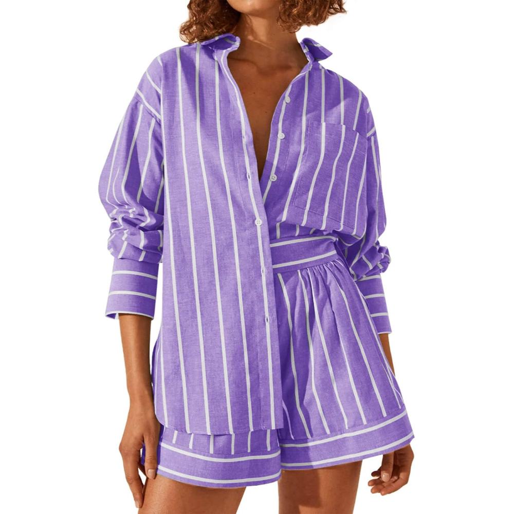 Striped Sleeve Down Collared Shirt Sets For Women