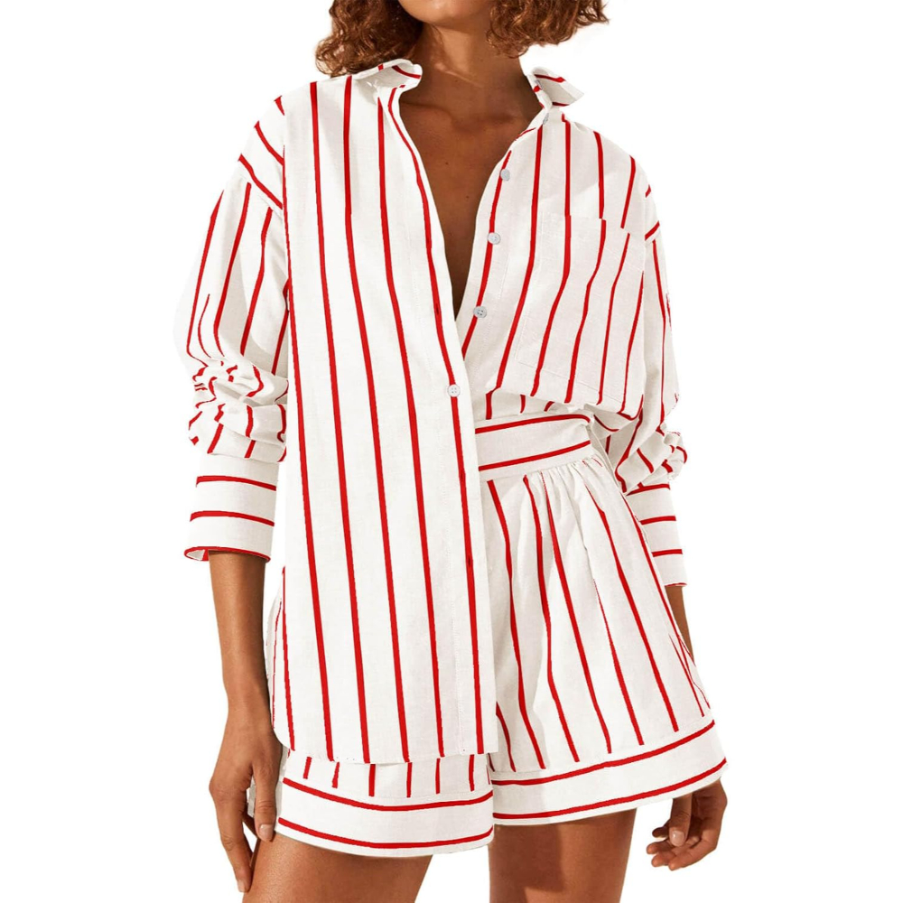 Striped Sleeve Down Collared Shirt Sets For Women