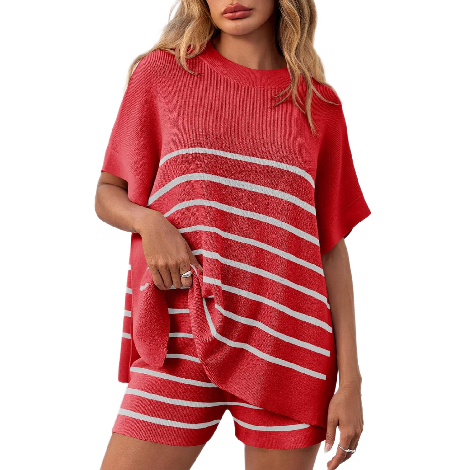 Striped Knit Batwing Short Sleeve Tops And Shorts Set For Women