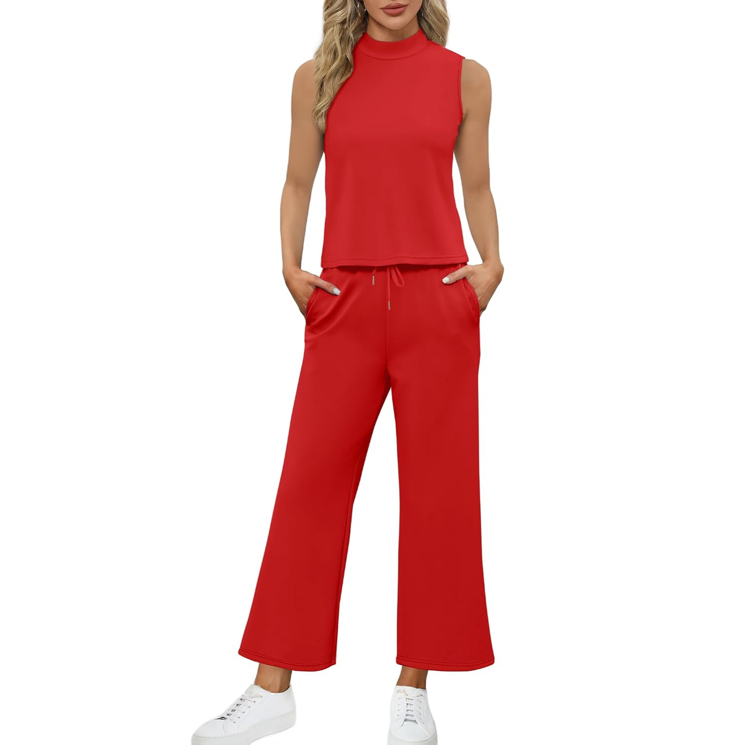2 Pieces Mock Top And Wide Crop Pants Lounge Set For Women