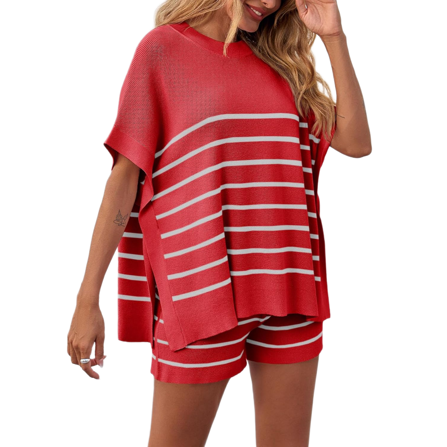 Striped Knit Batwing Short Sleeve Tops And Shorts Set For Women