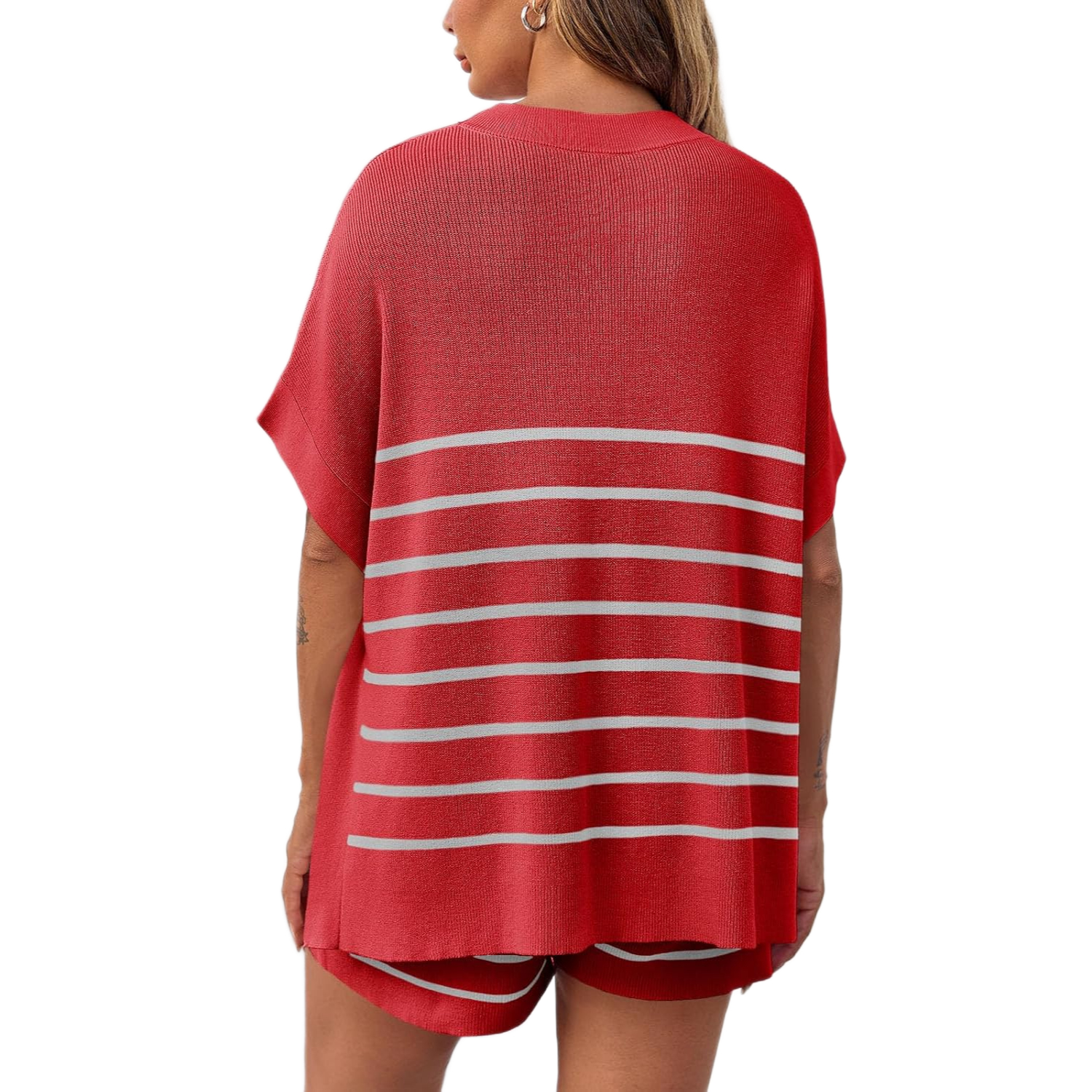 Striped Knit Batwing Short Sleeve Tops And Shorts Set For Women