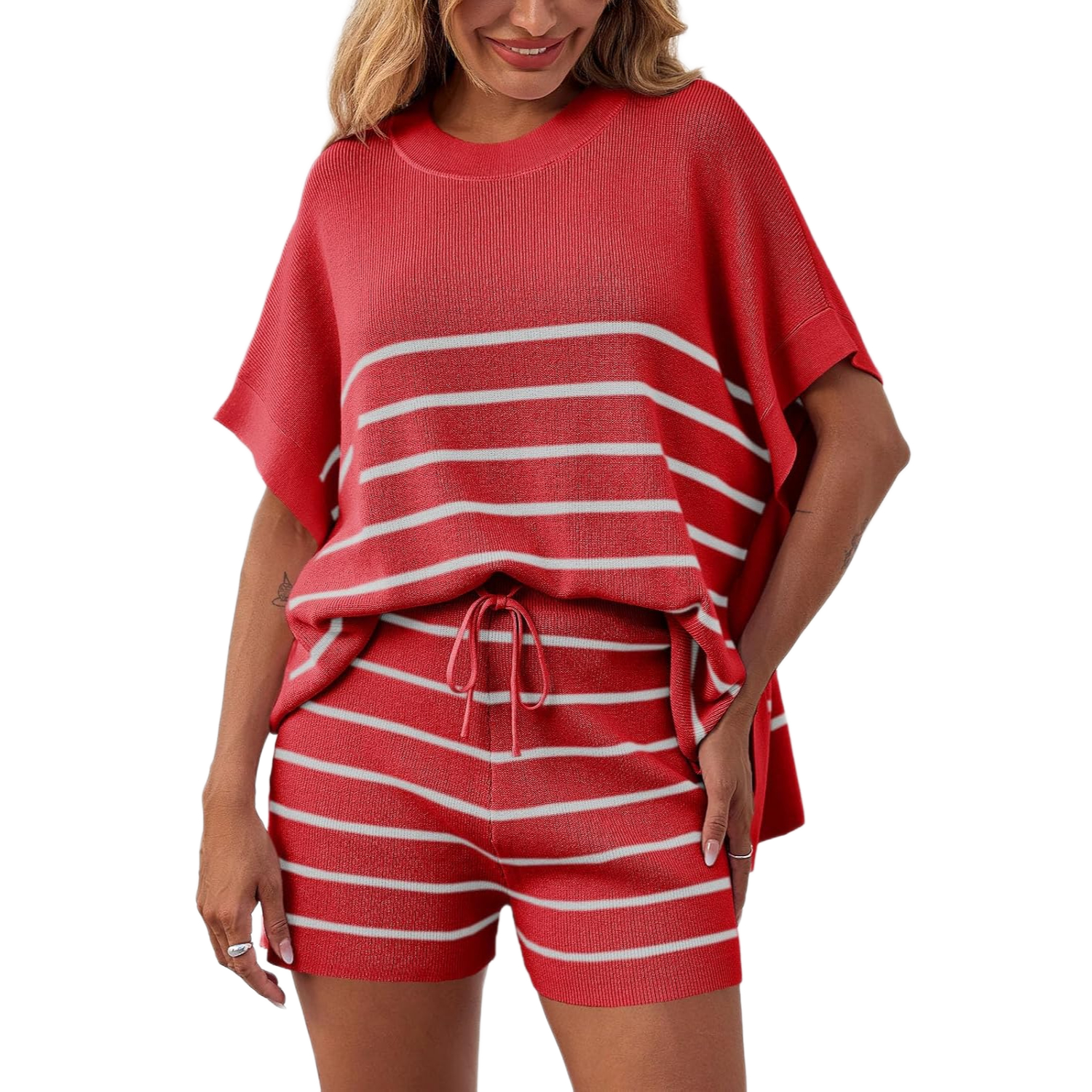 Striped Knit Batwing Short Sleeve Tops And Shorts Set For Women