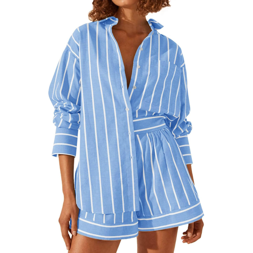 Striped Sleeve Down Collared Shirt Sets For Women