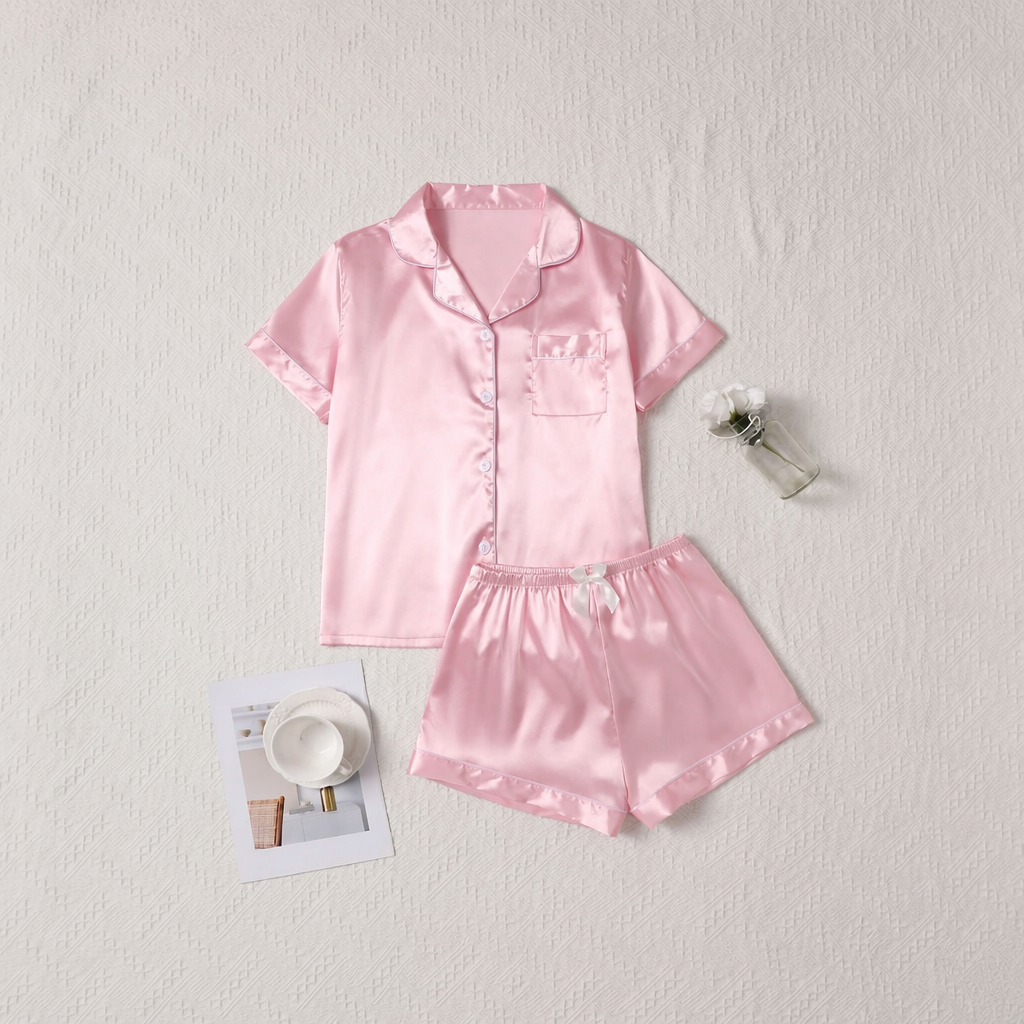 Solid Colored Short Sleeve Buttoned Pajama Set