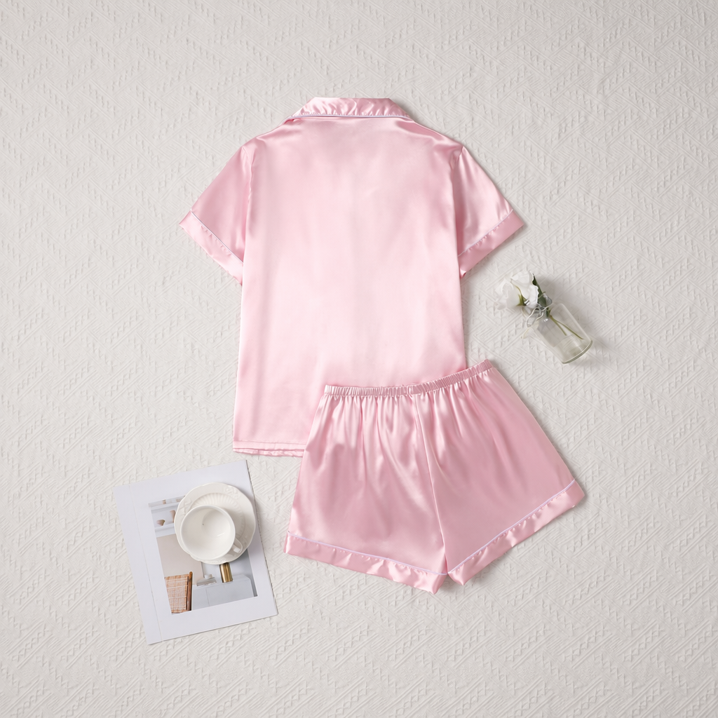 Solid Colored Short Sleeve Buttoned Pajama Set