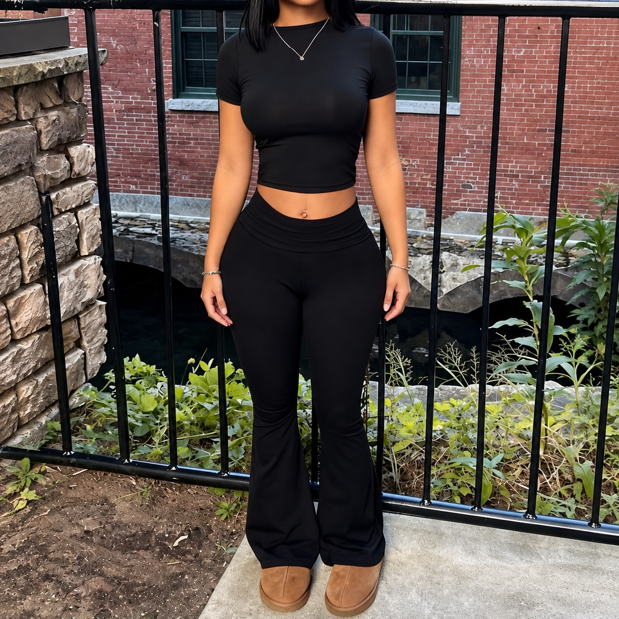2 Pieces Short Sleeve Top And Flare Pants Outfit For Women