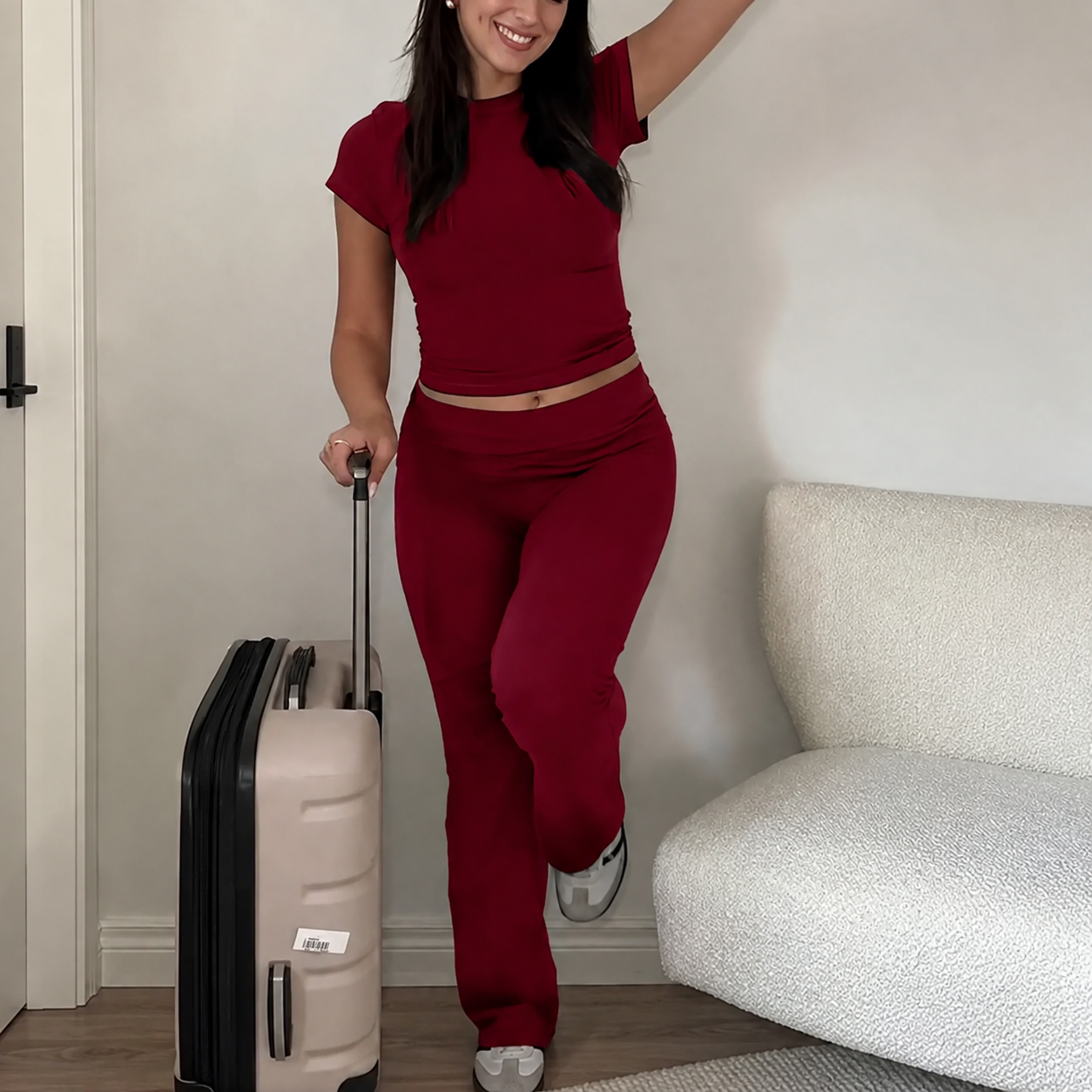 2 Pieces Short Sleeve Top And Flare Pants Outfit For Women