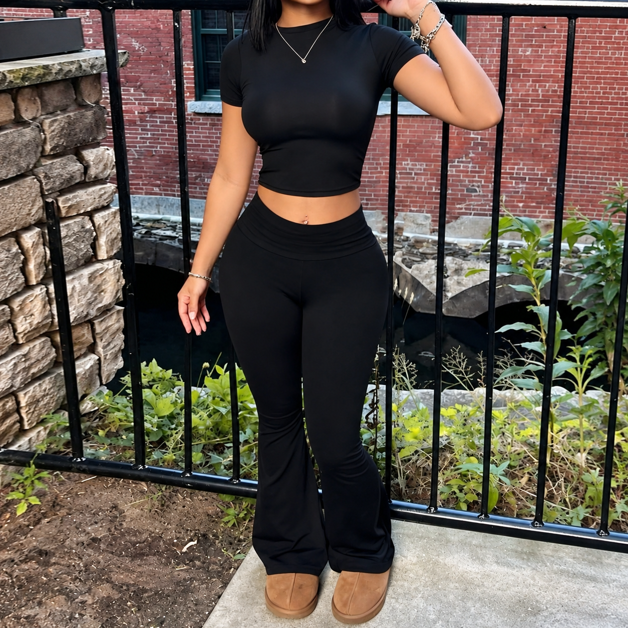 2 Pieces Short Sleeve Top And Flare Pants Outfit For Women
