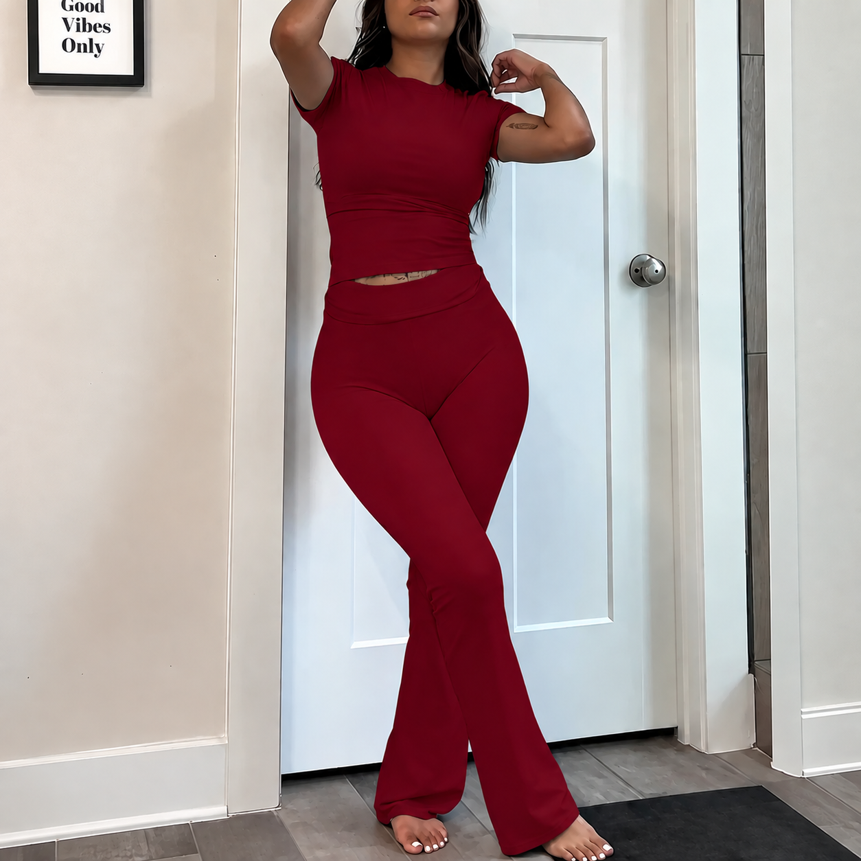 2 Pieces Short Sleeve Top And Flare Pants Outfit For Women