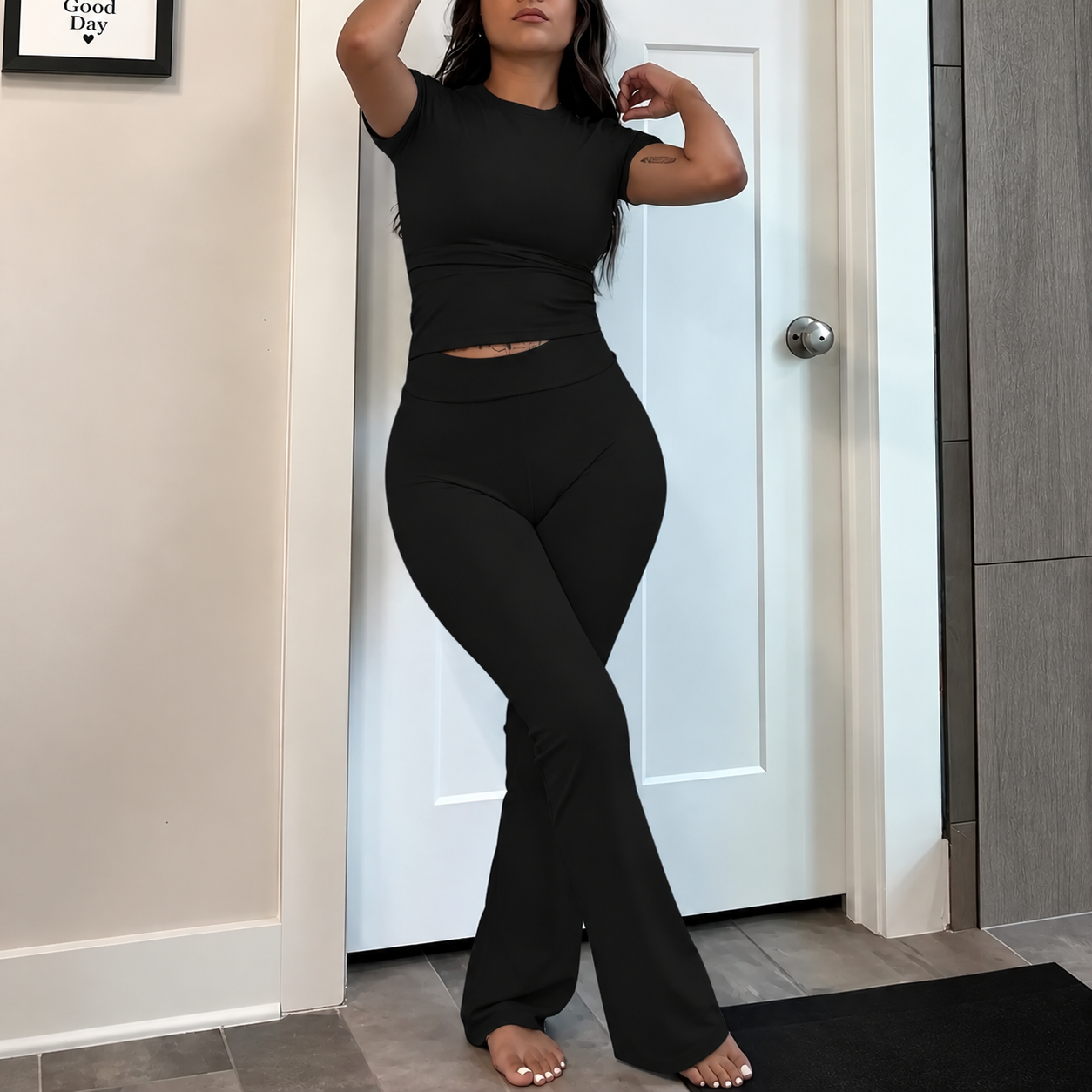 2 Pieces Short Sleeve Top And Flare Pants Outfit For Women