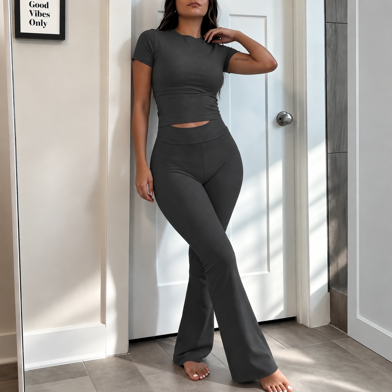2 Pieces Short Sleeve Top And Flare Pants Outfit For Women