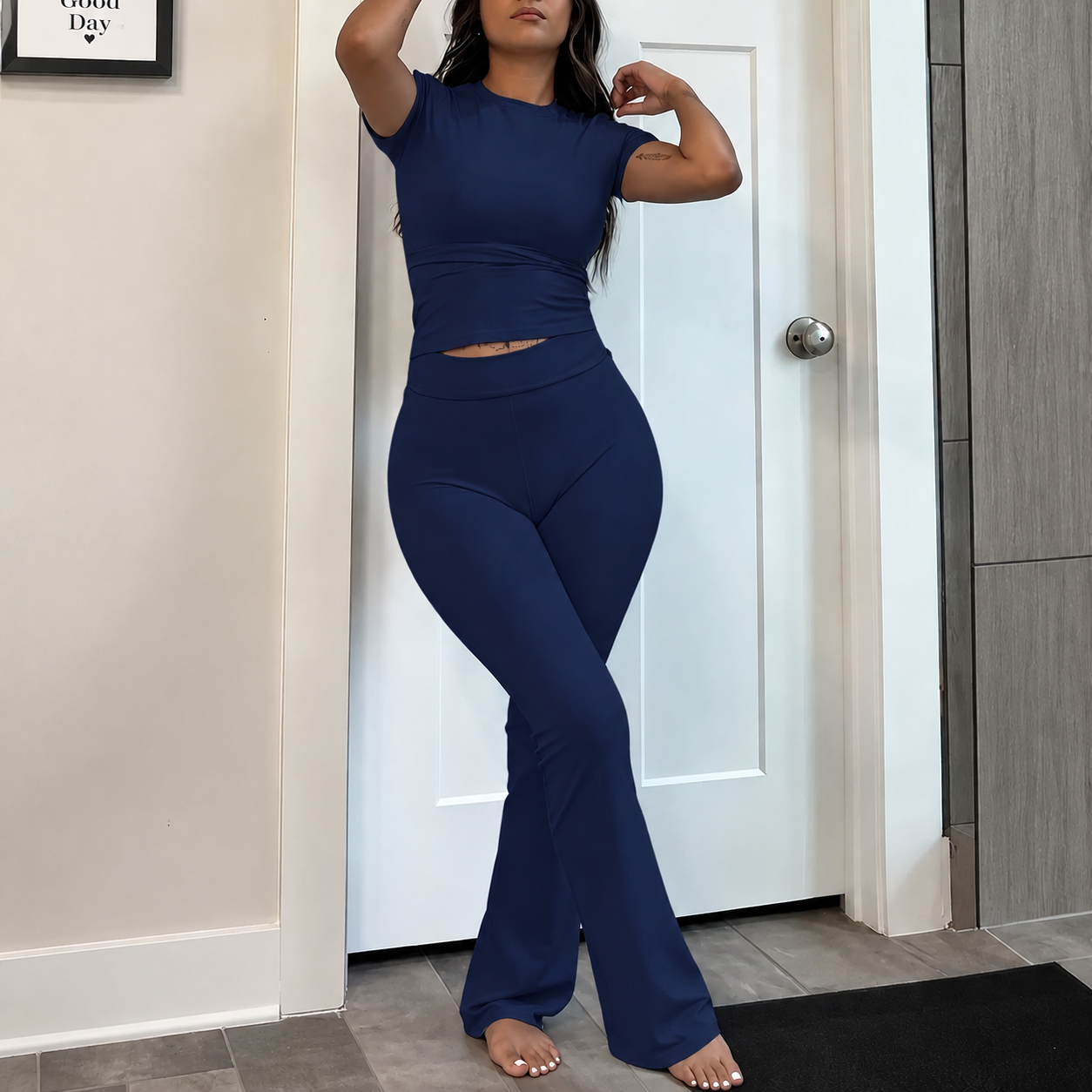 2 Pieces Short Sleeve Top And Flare Pants Outfit For Women